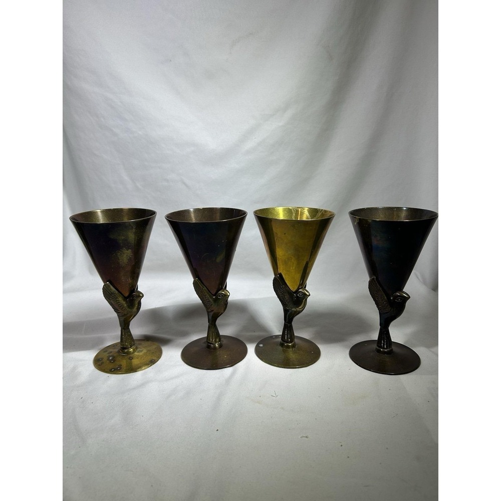 Vintage Godinger Brass Goblet Birds Phoenix Set Of 4 India MCM Mid Century